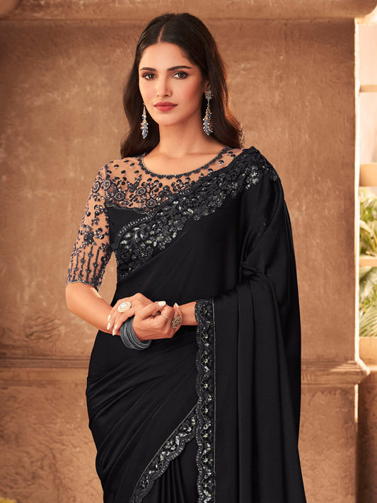Black : Georgette Tone-on-Tone Embroidery Saree - Ressa