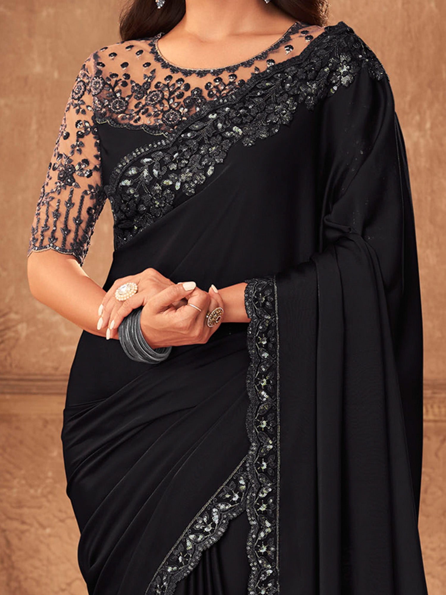Black : Georgette Tone-on-Tone Embroidery Saree - Ressa