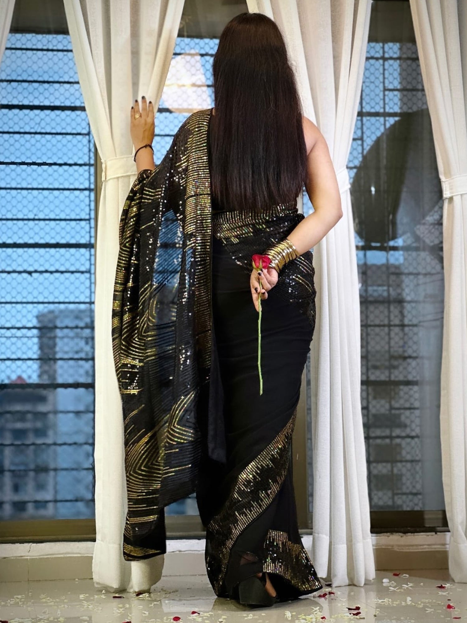 Black Gold Sequin Georgette Saree - Ressa