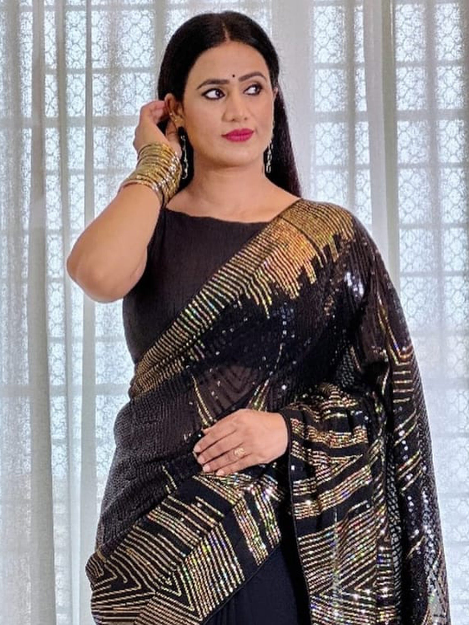 Black Gold Sequin Georgette Saree - Ressa