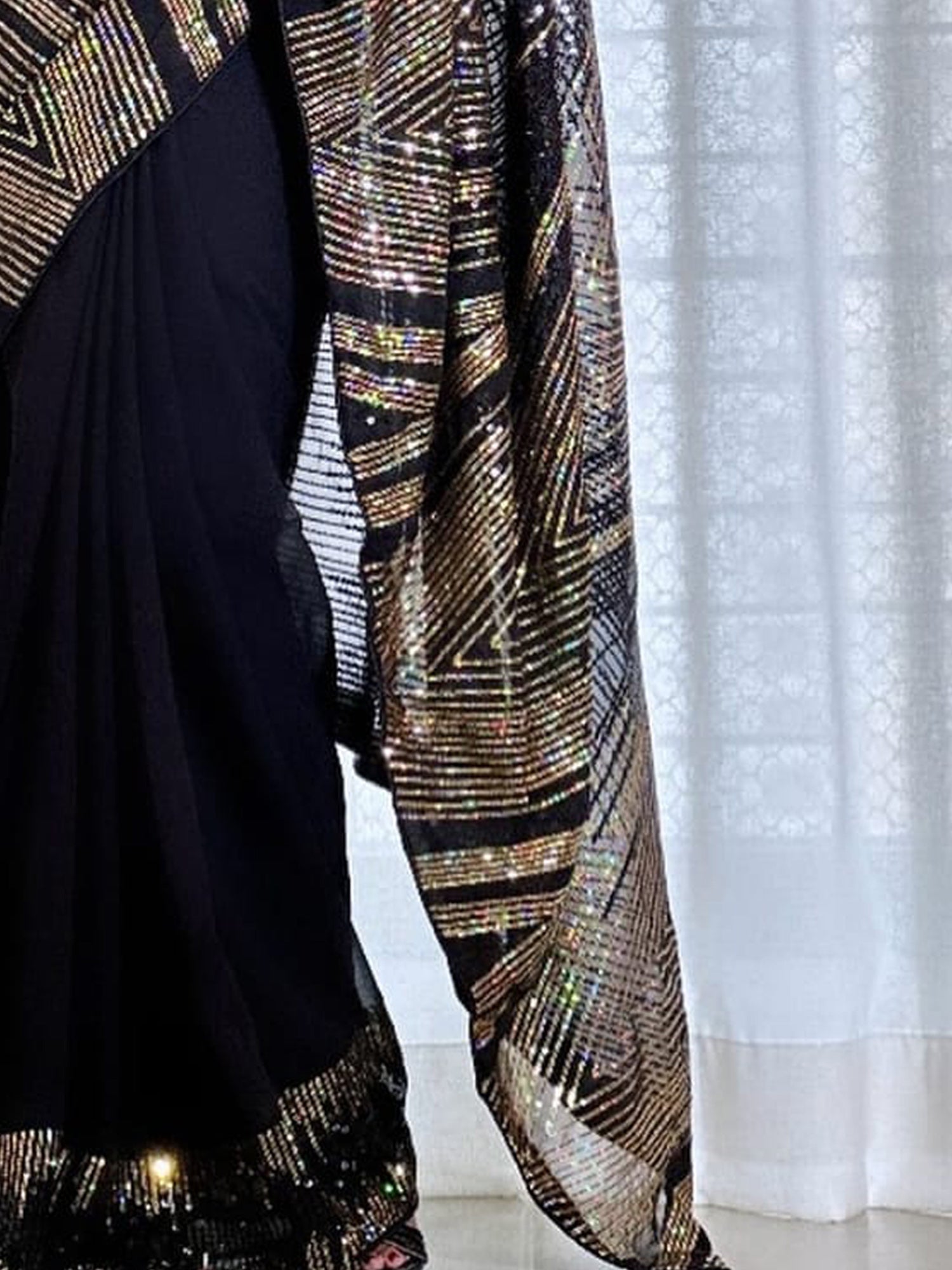 Black Gold Sequin Georgette Saree - Ressa