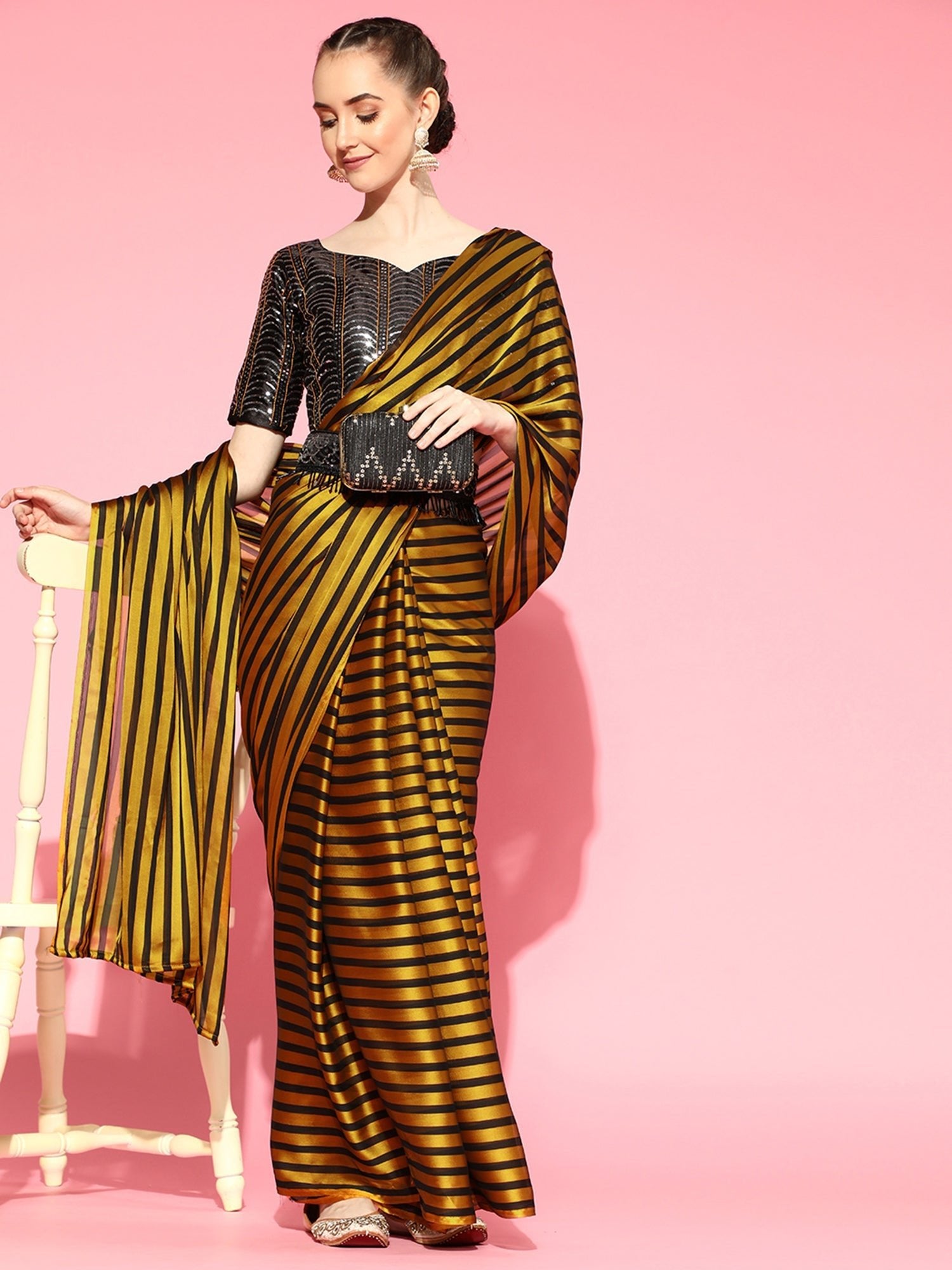 Black & Gold Striped Sequin Saree with Blouse - Ressa