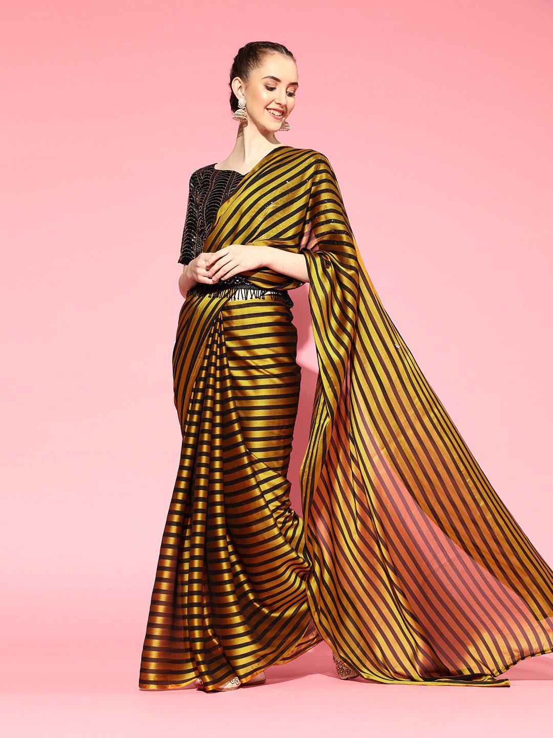 Black & Gold Striped Sequin Saree with Blouse - Ressa