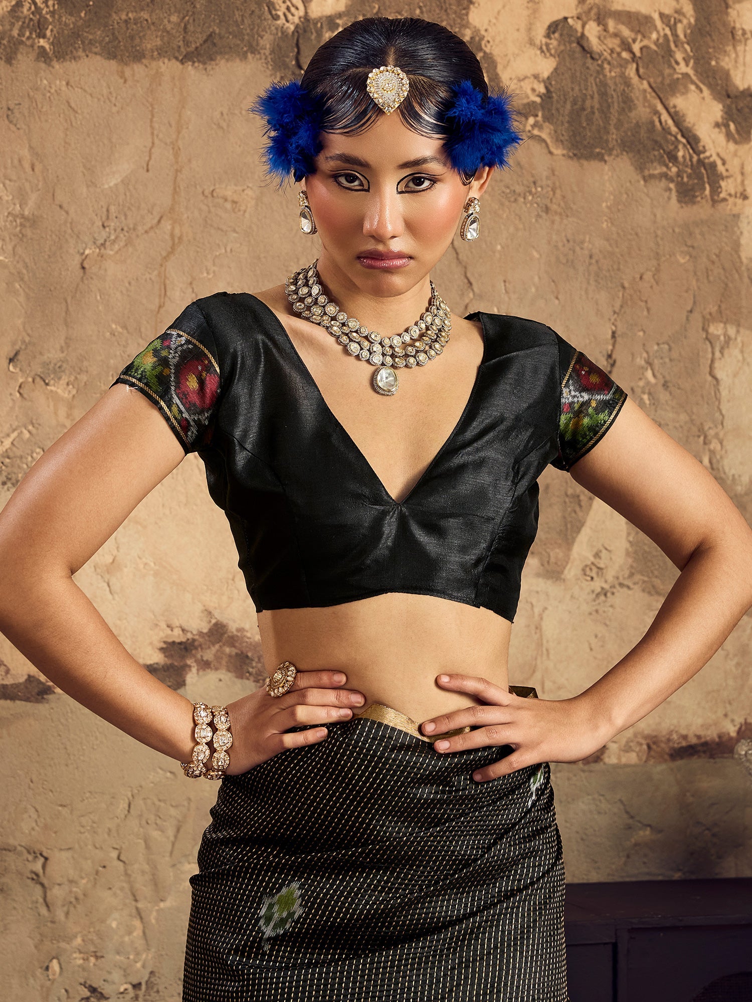 Black Ikat Patola Silk Blend Saree with Zari Border - Ressa