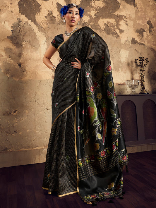 Black Ikat Patola Silk Blend Saree with Zari Border - Ressa
