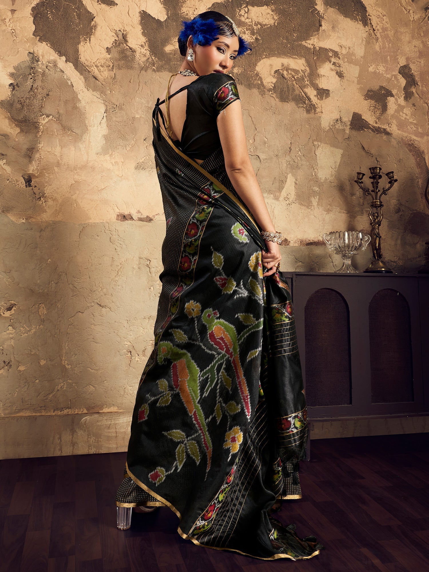 Black Ikat Patola Silk Blend Saree with Zari Border - Ressa