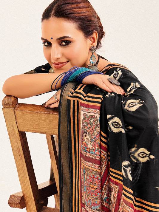 Black Ikat Silk Saree with Kalamkari Pallu - Ressa