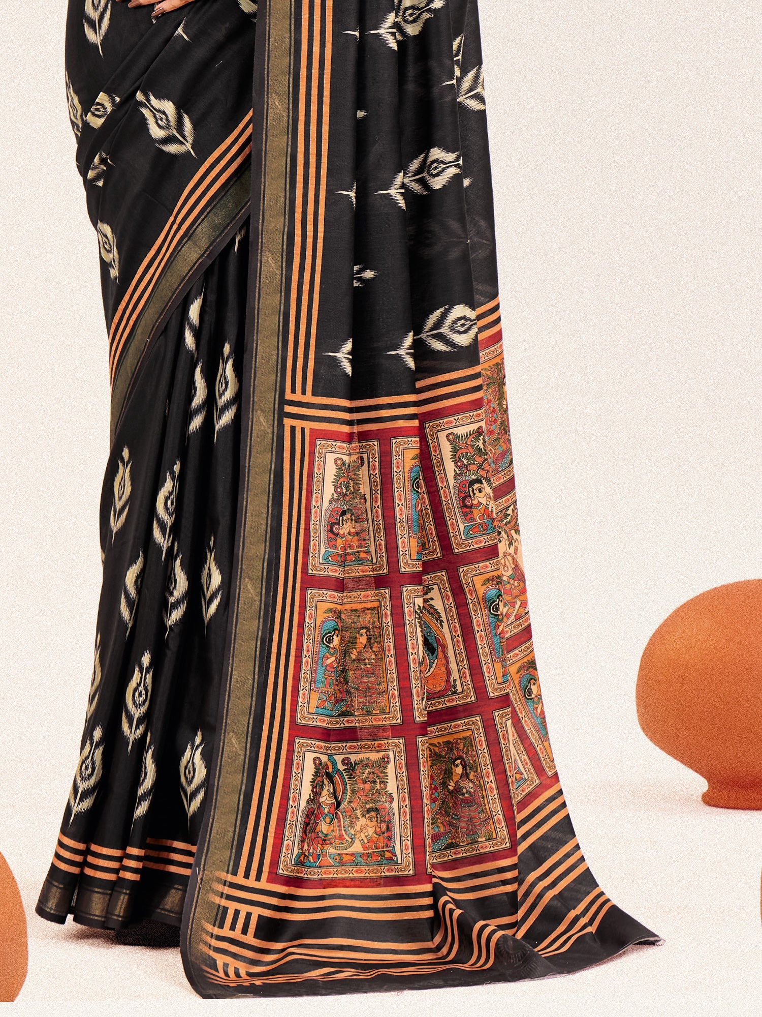 Black Ikat Silk Saree with Kalamkari Pallu - Ressa