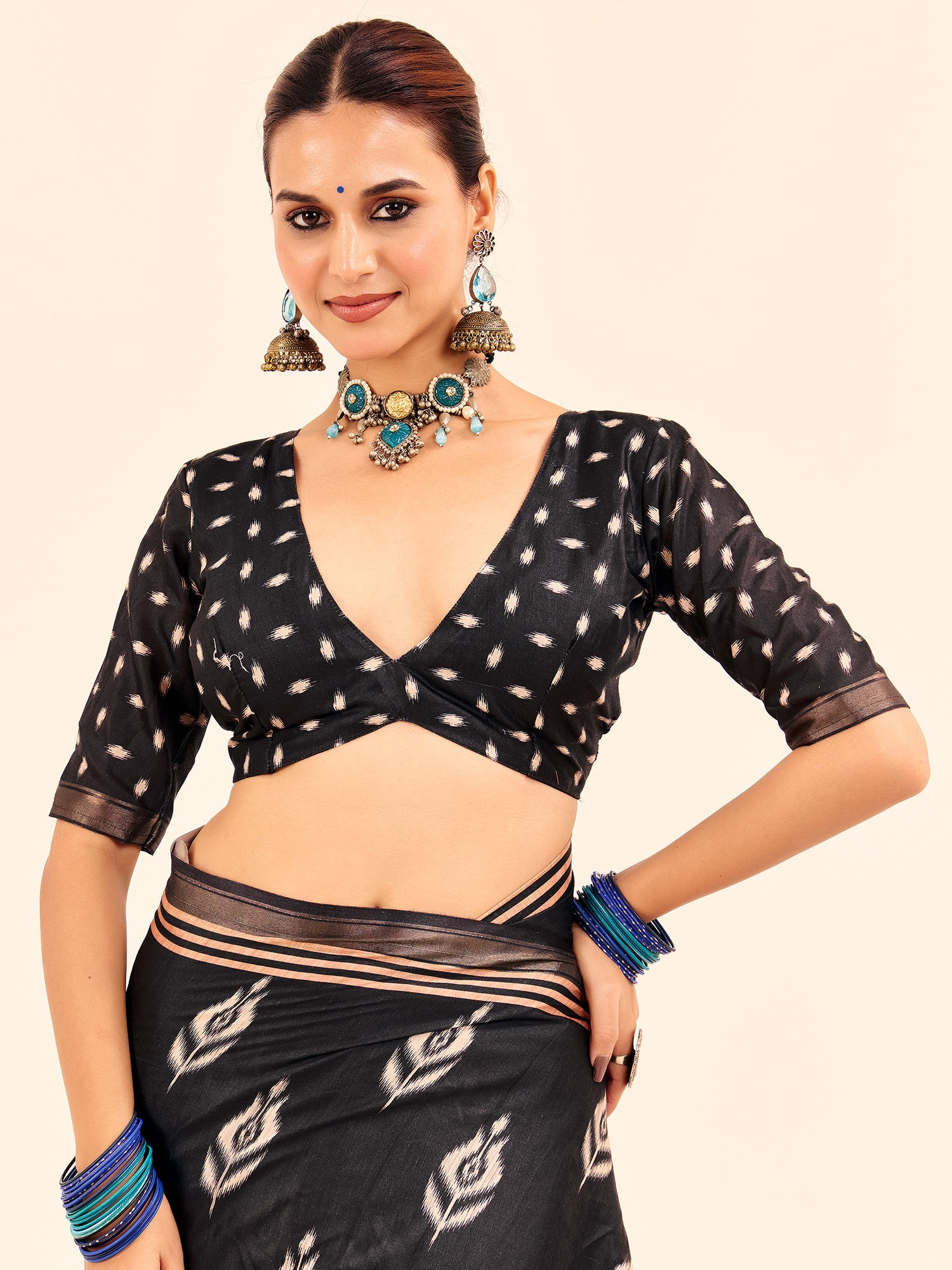 Black Ikat Silk Saree with Kalamkari Pallu - Ressa