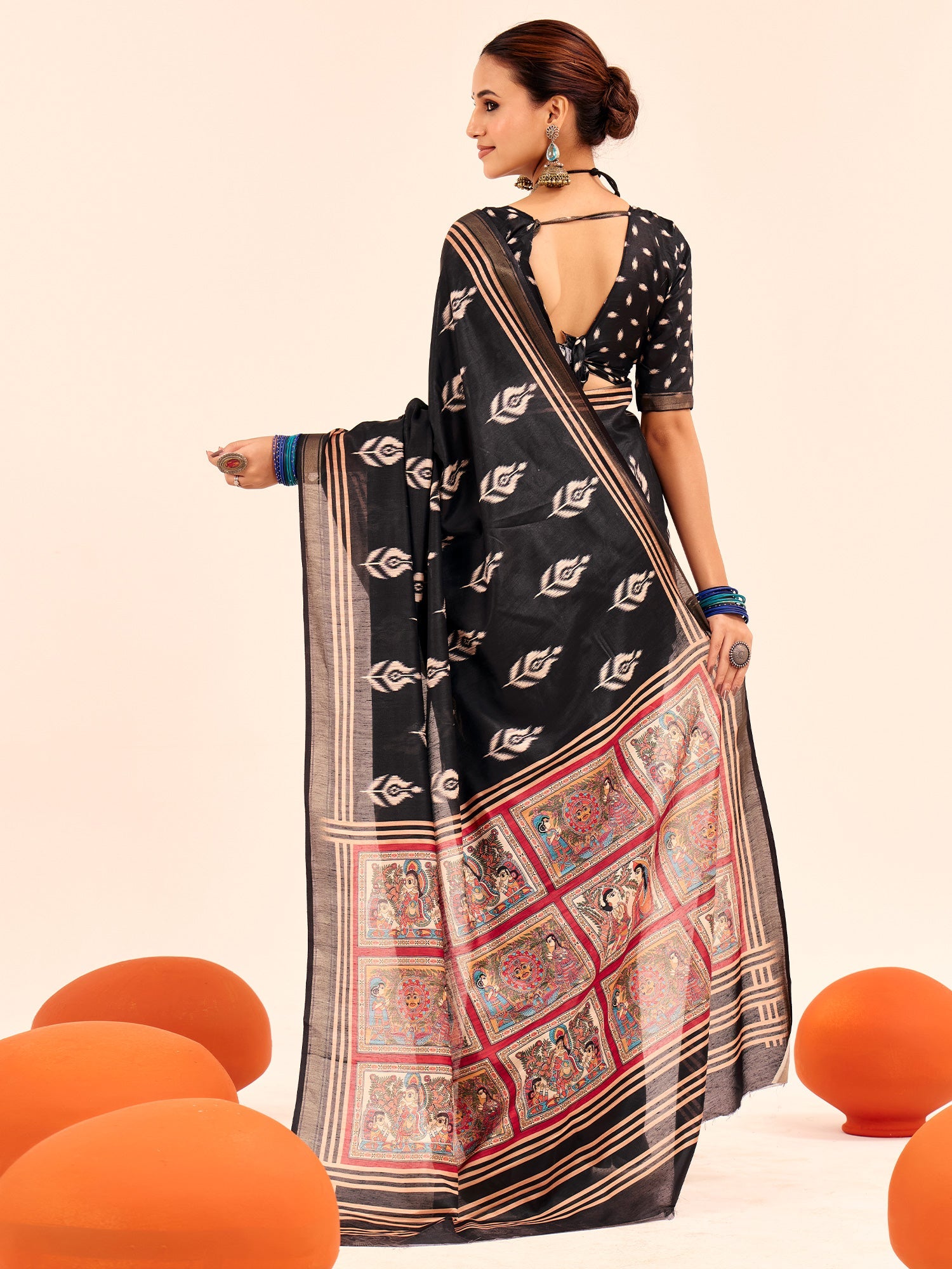 Black Ikat Silk Saree with Kalamkari Pallu - Ressa
