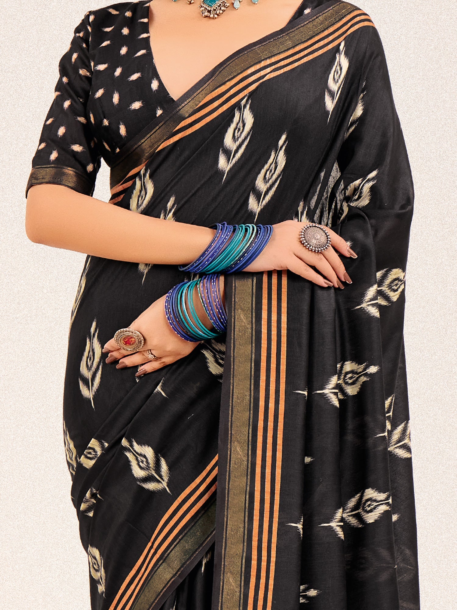 Black Ikat Silk Saree with Kalamkari Pallu - Ressa