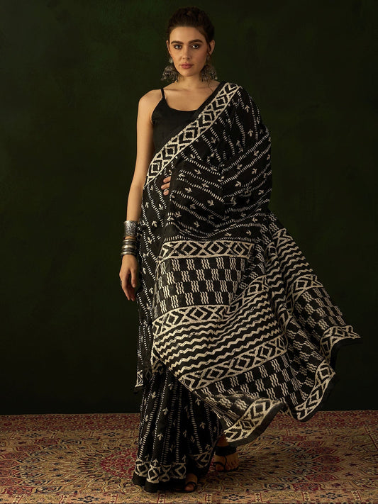 Black & Ivory Batik Bhagalpuri Silk Saree - Ressa