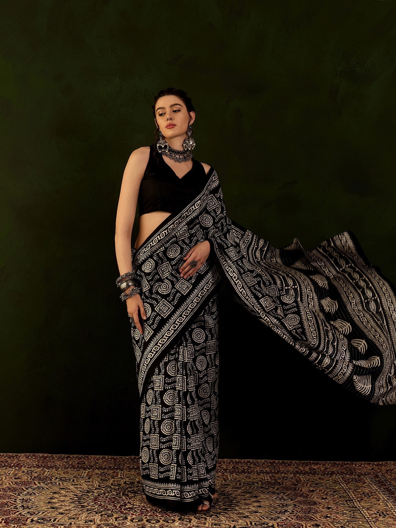 Black & Ivory Batik Print Bhagalpuri Silk Saree - Ressa