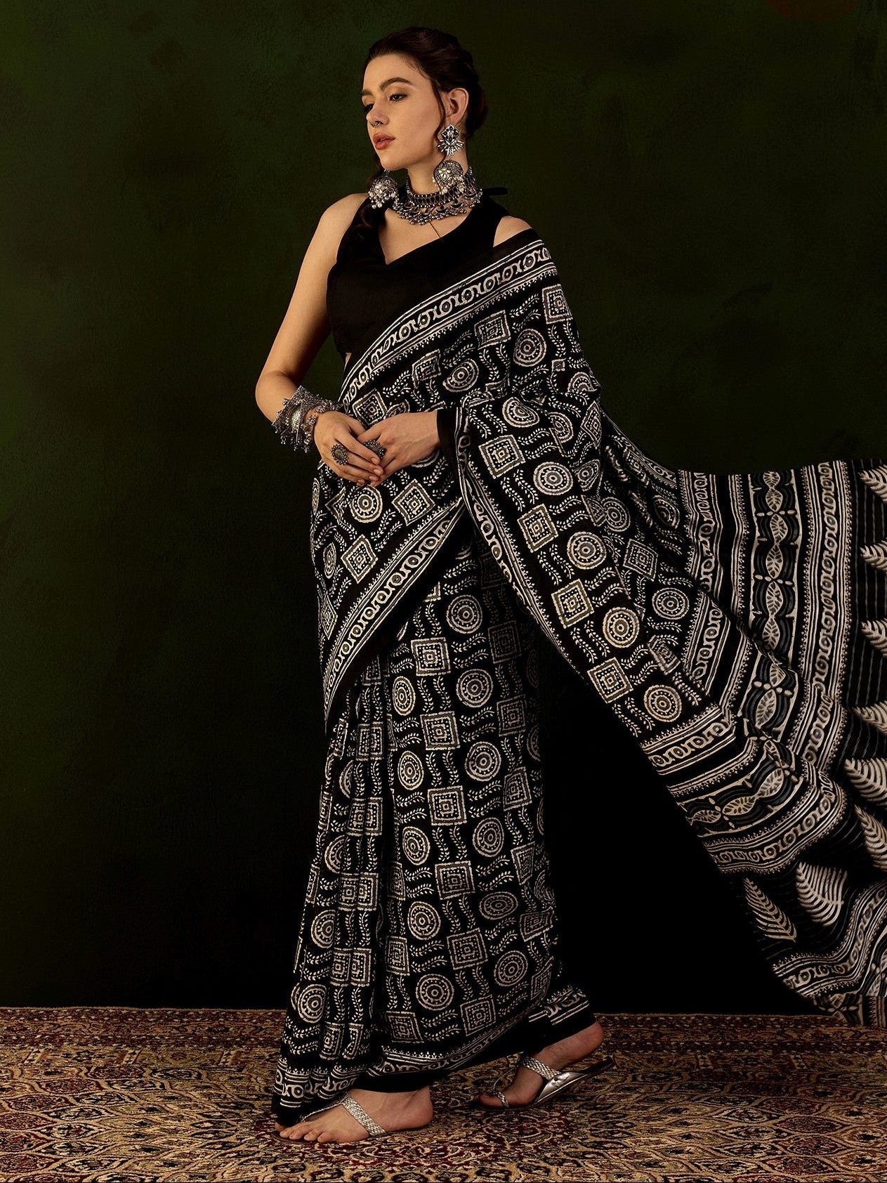 Black & Ivory Batik Print Bhagalpuri Silk Saree - Ressa