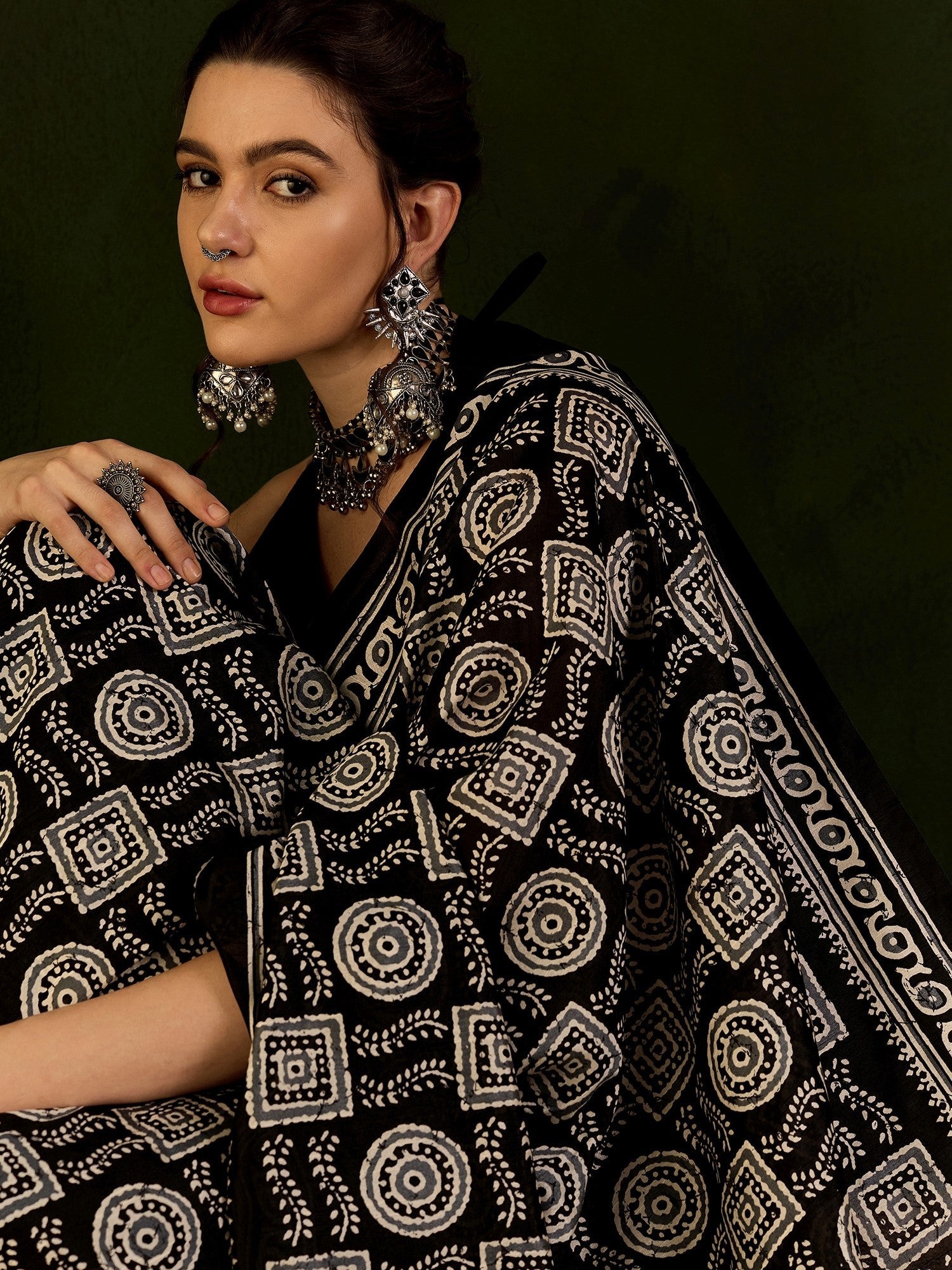 Black & Ivory Batik Print Bhagalpuri Silk Saree - Ressa