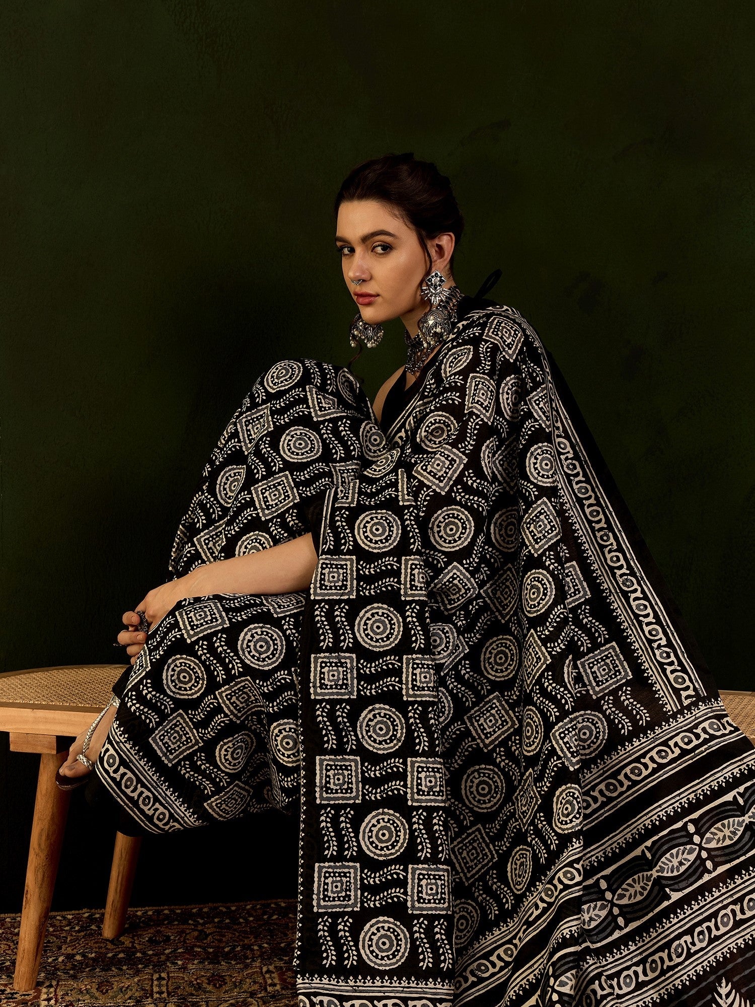 Black & Ivory Batik Print Bhagalpuri Silk Saree - Ressa