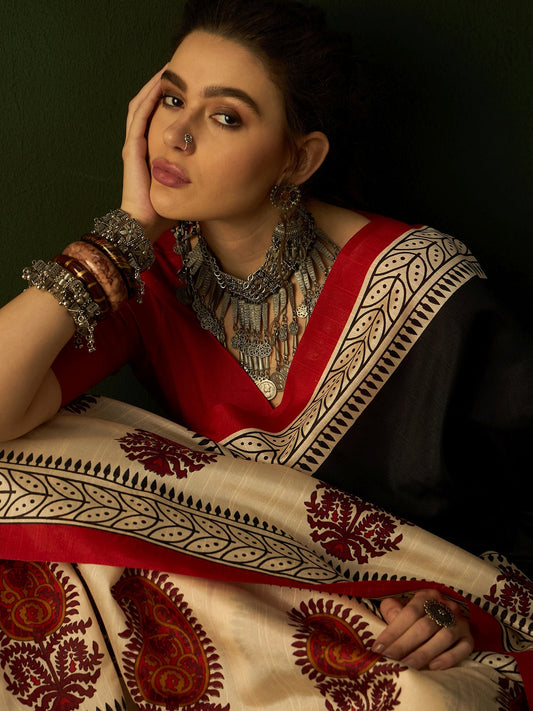 Black & Ivory Block Print Bhagalpuri Silk Saree - Ressa