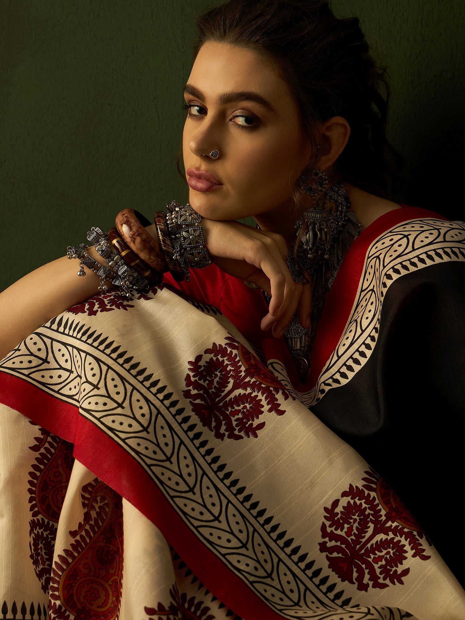 Black & Ivory Block Print Bhagalpuri Silk Saree - Ressa