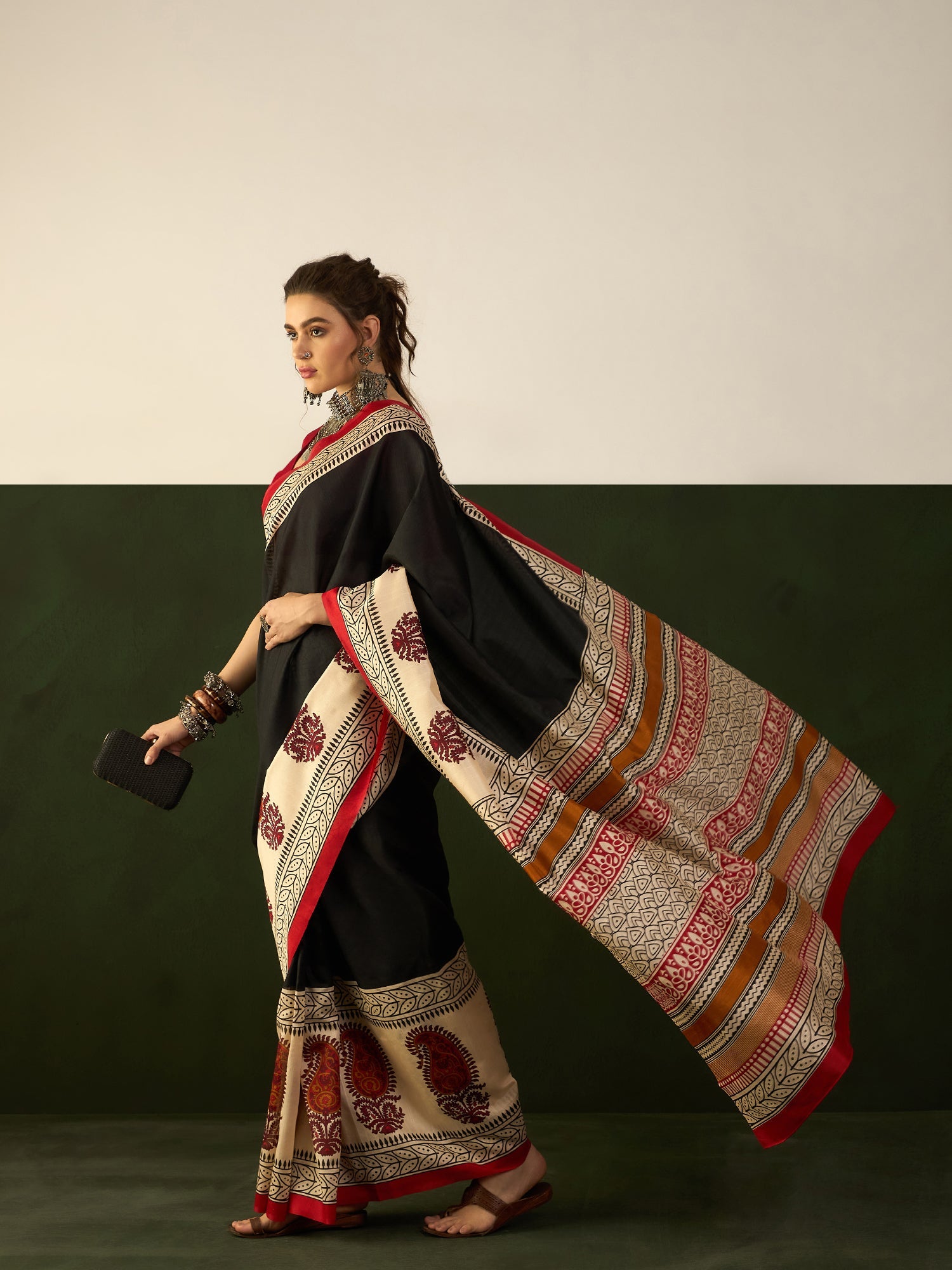 Black & Ivory Block Print Bhagalpuri Silk Saree - Ressa