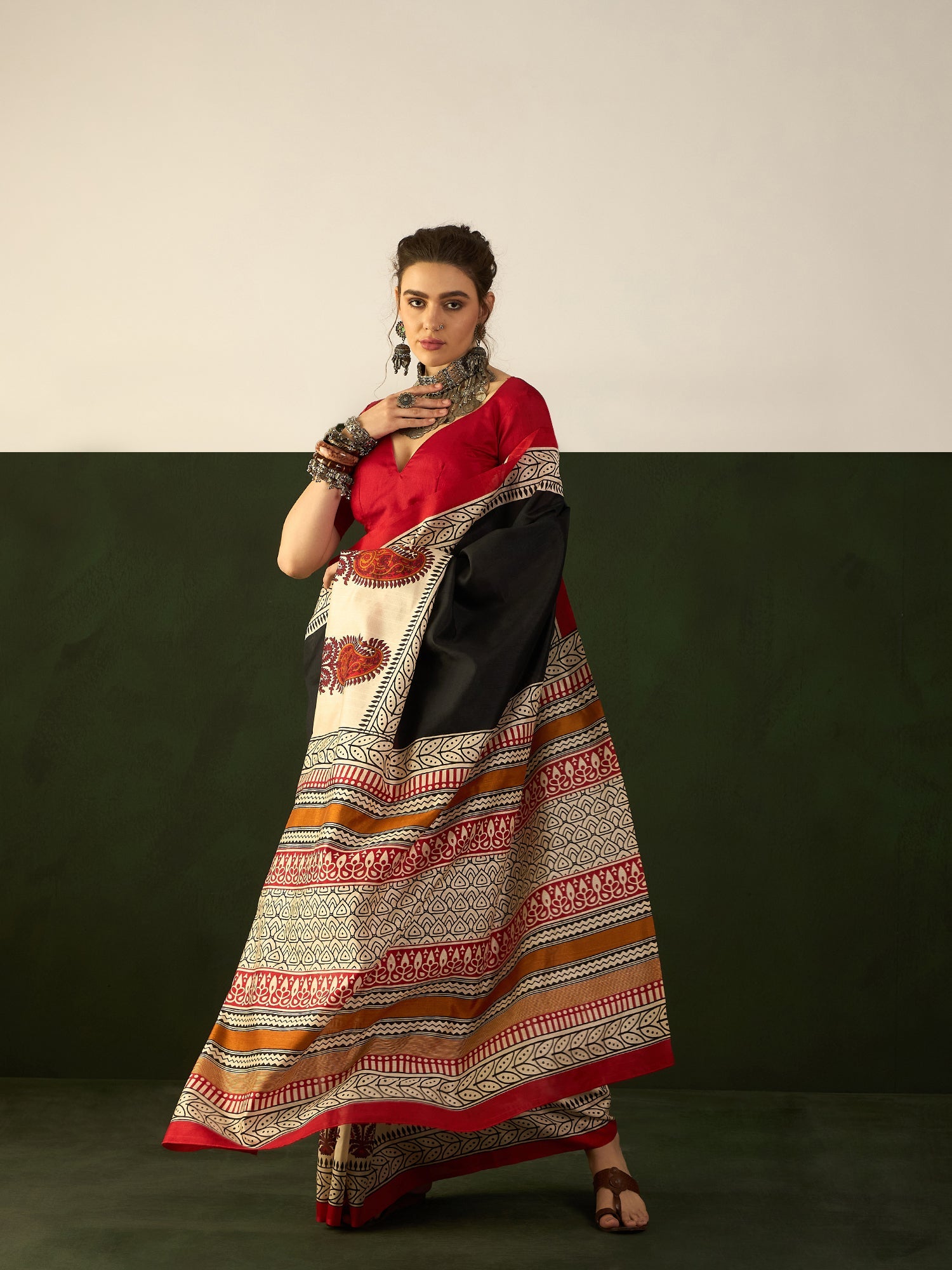 Black & Ivory Block Print Bhagalpuri Silk Saree - Ressa