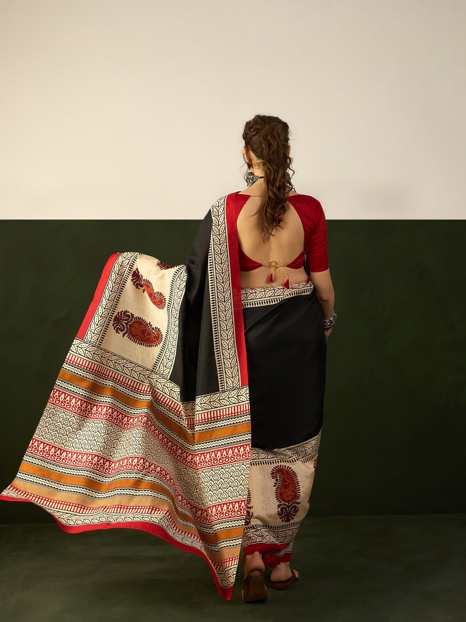 Black & Ivory Block Print Bhagalpuri Silk Saree - Ressa