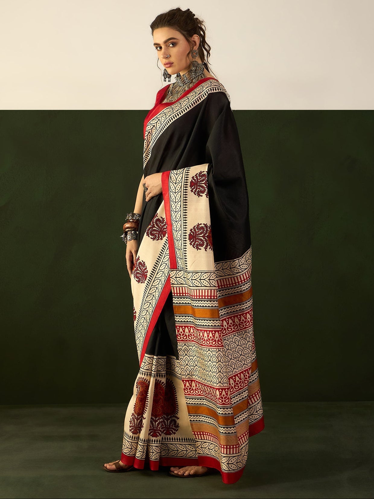 Black & Ivory Block Print Bhagalpuri Silk Saree - Ressa