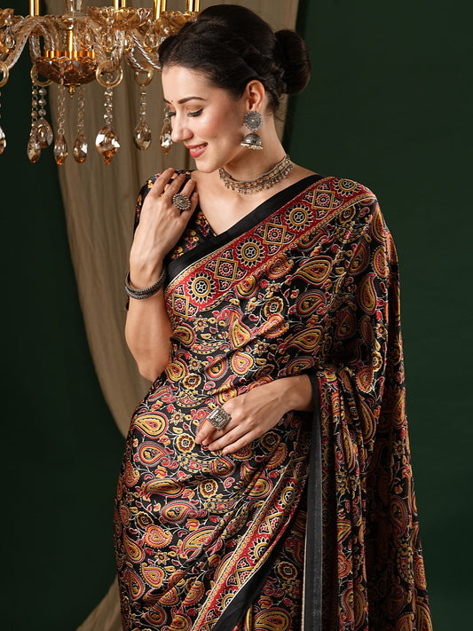 Black Kalamkari Print Saree - Ressa