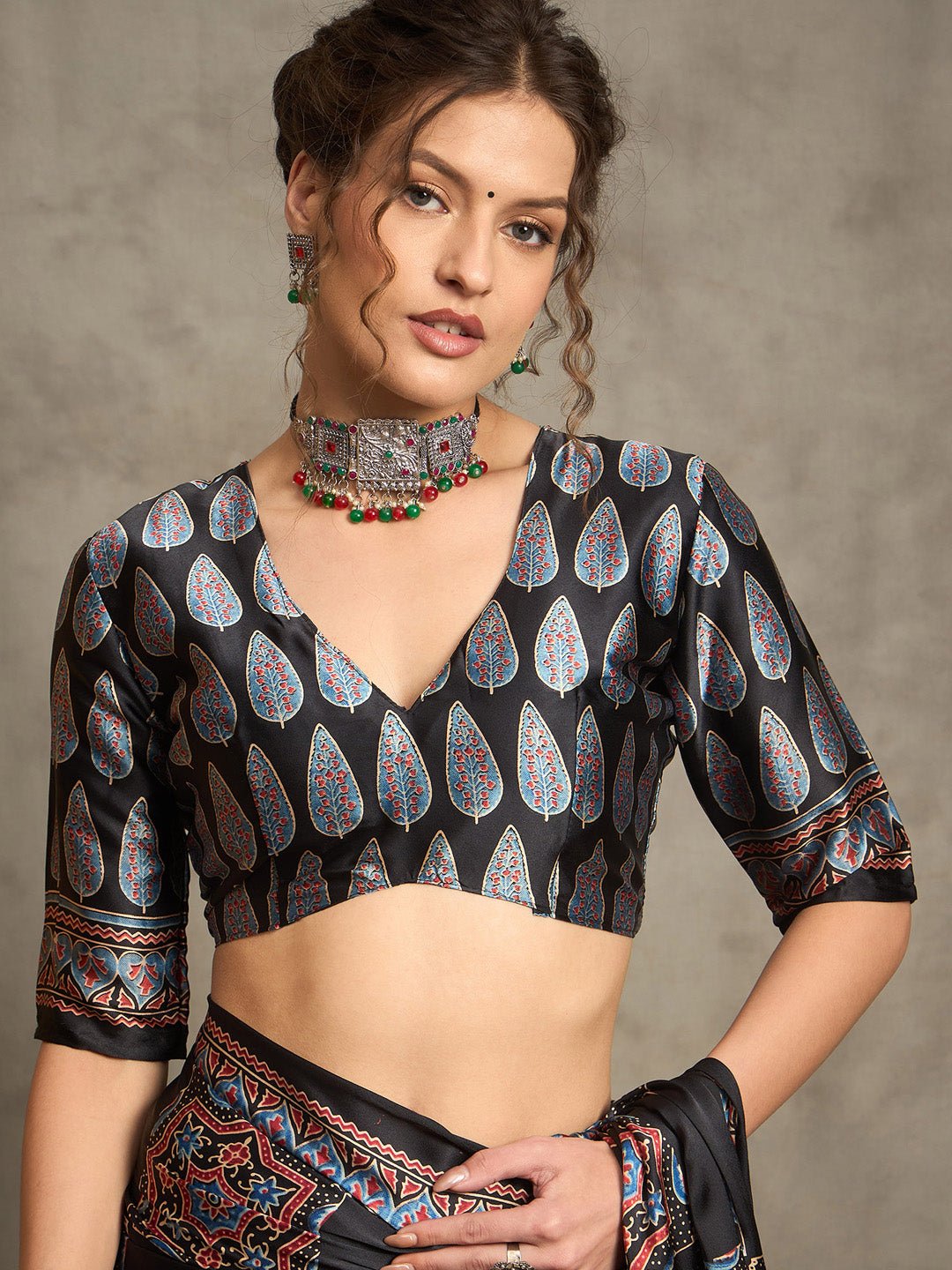 Black Kalamkari Print Silk Blend Saree - Ressa