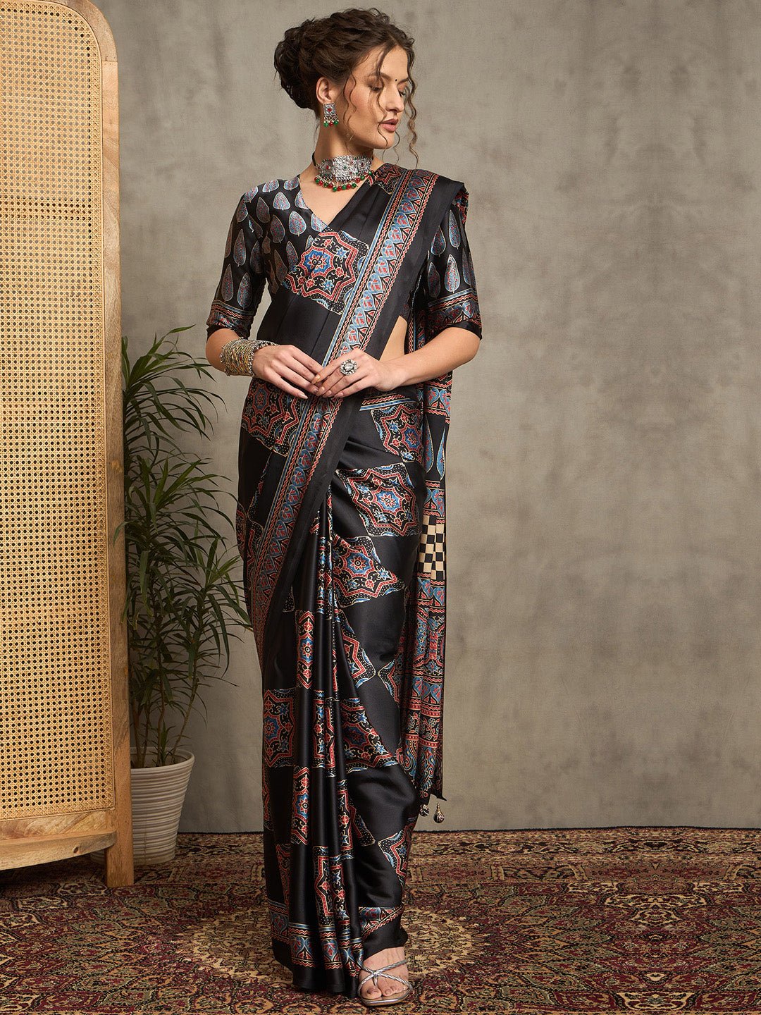 Black Kalamkari Print Silk Blend Saree - Ressa