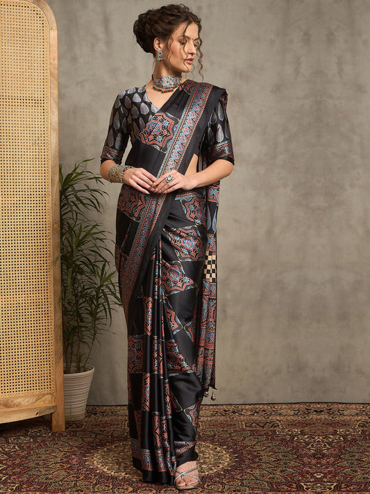 Black Kalamkari Print Silk Blend Saree - Ressa