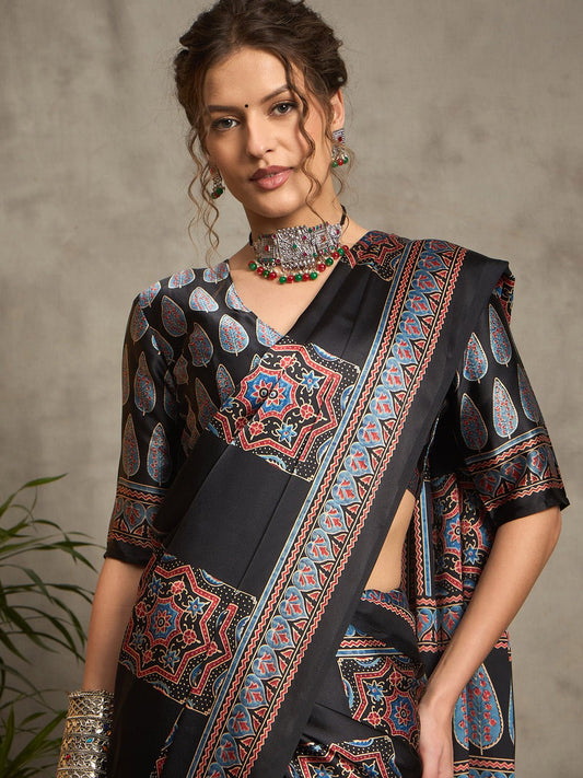 Black Kalamkari Print Silk Blend Saree - Ressa