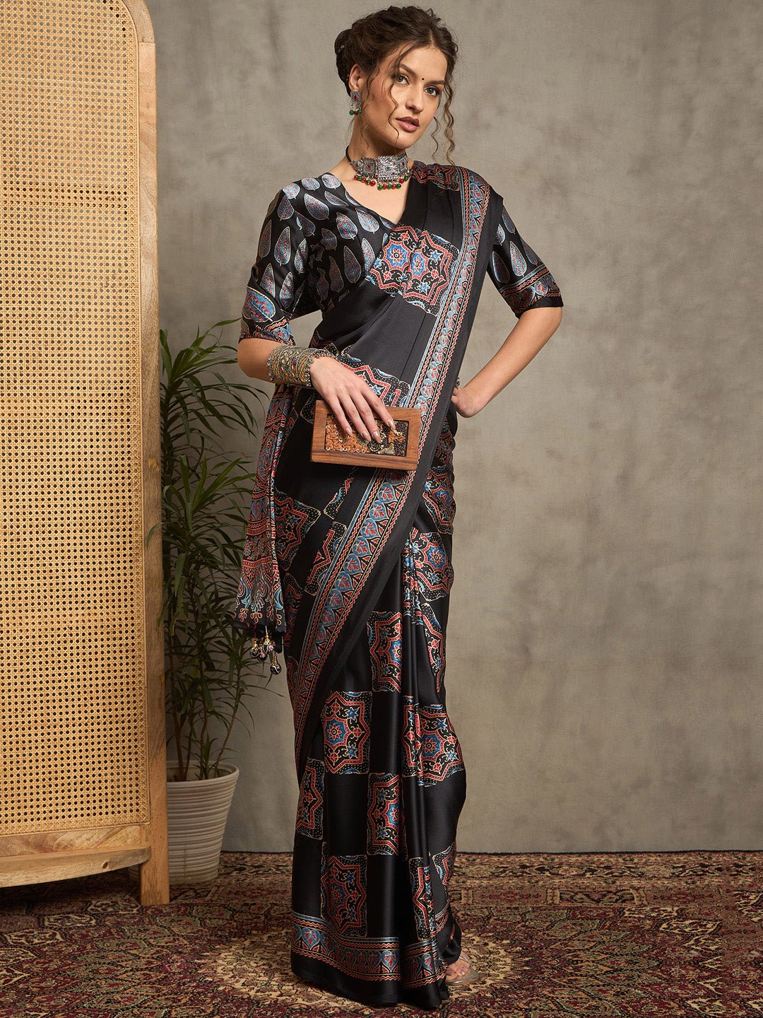 Black Kalamkari Print Silk Blend Saree - Ressa