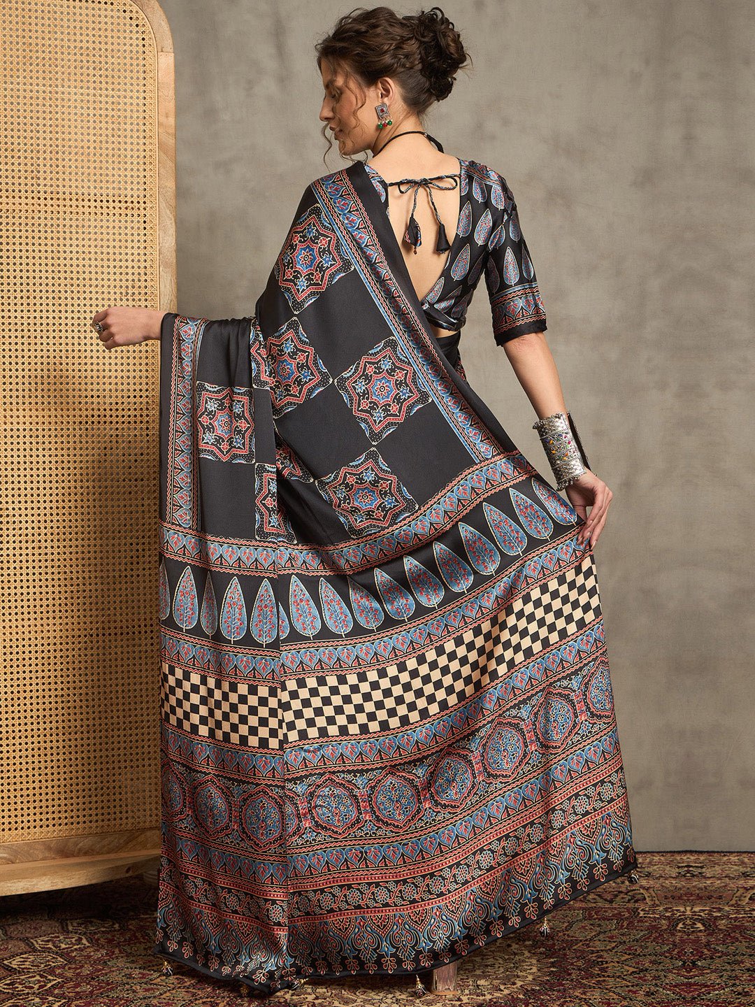 Black Kalamkari Print Silk Blend Saree - Ressa