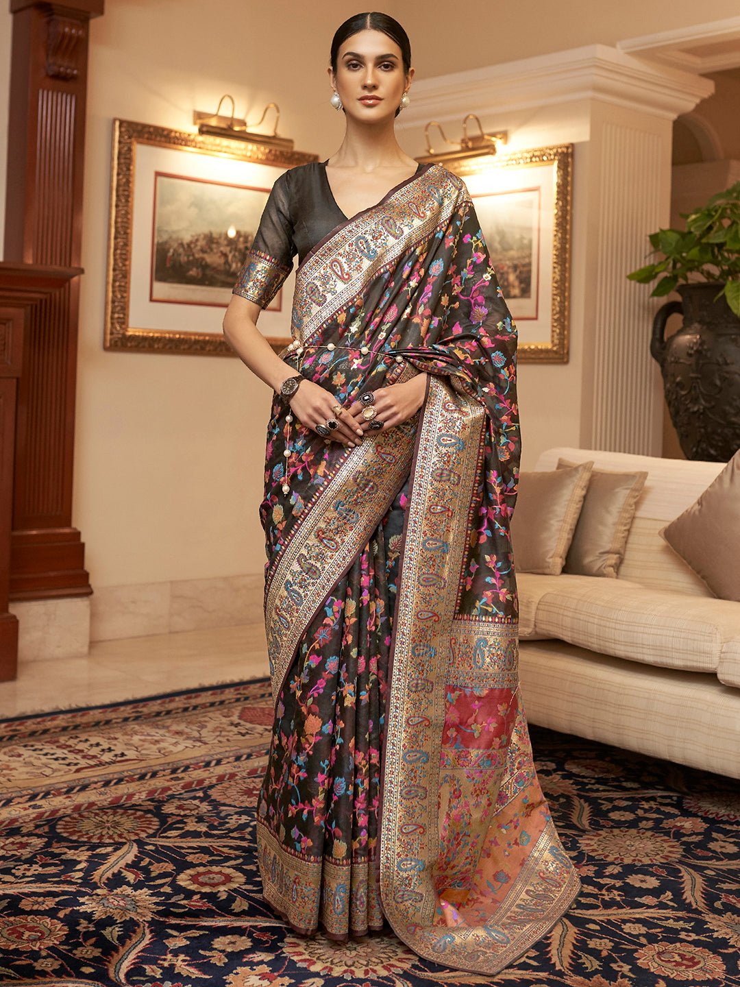 Black Kashmiri Silk Saree with Floral Motif Weave - Ressa