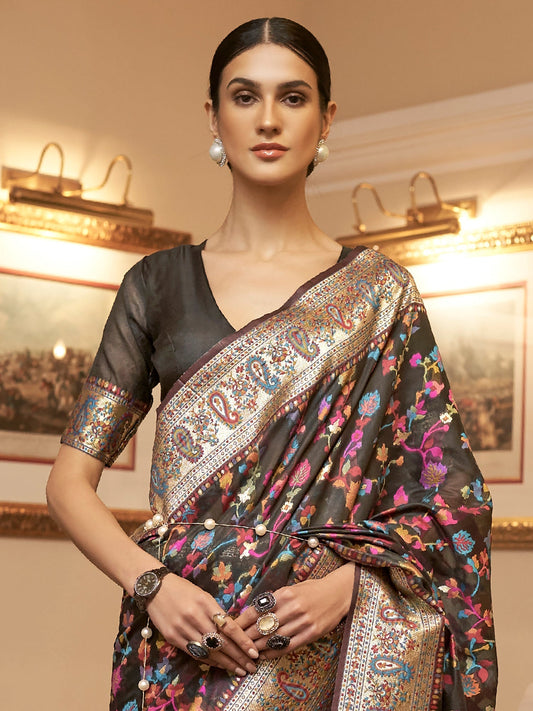 Black Kashmiri Silk Saree with Floral Motif Weave - Ressa