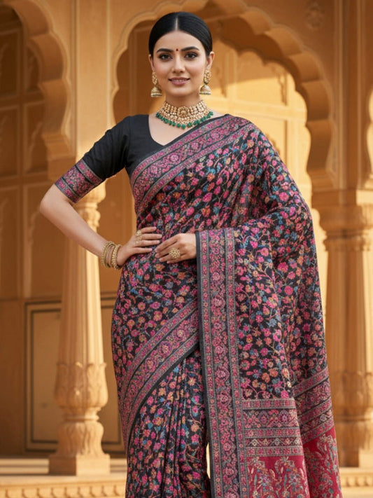 Black Kashmiri Silk Saree with Flower Motif - Ressa
