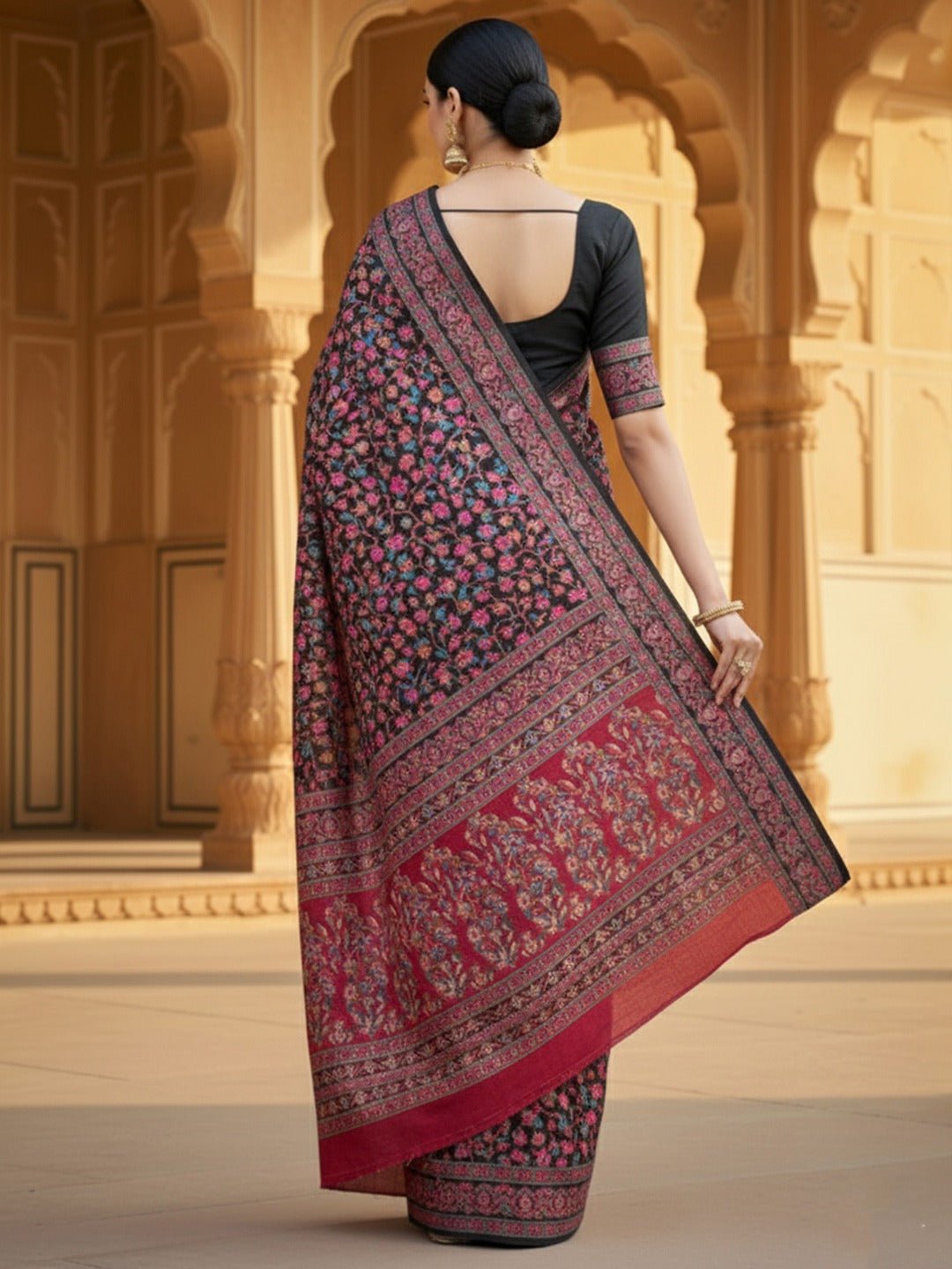 Black Kashmiri Silk Saree with Flower Motif - Ressa