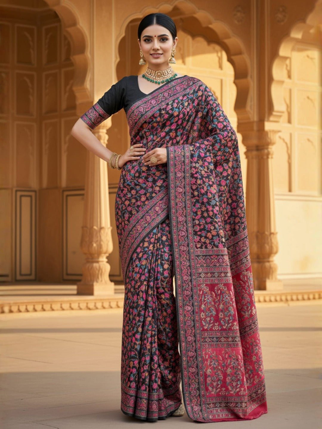 Black Kashmiri Silk Saree with Flower Motif - Ressa