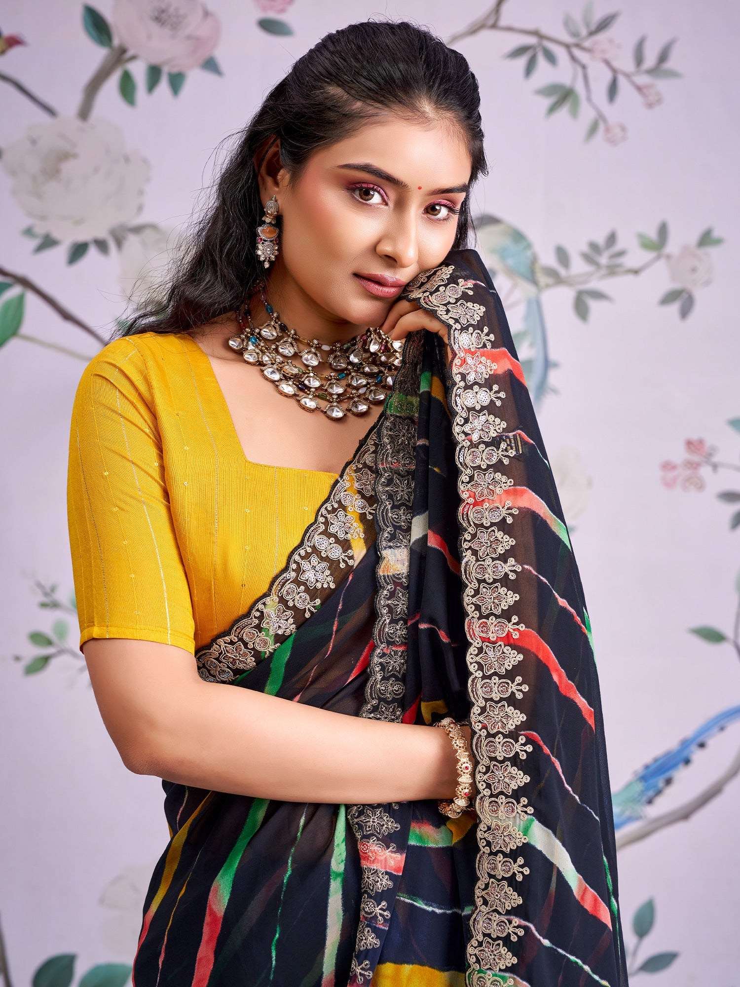Black Leheriya Georgette Saree with Embroidered Border - Ressa