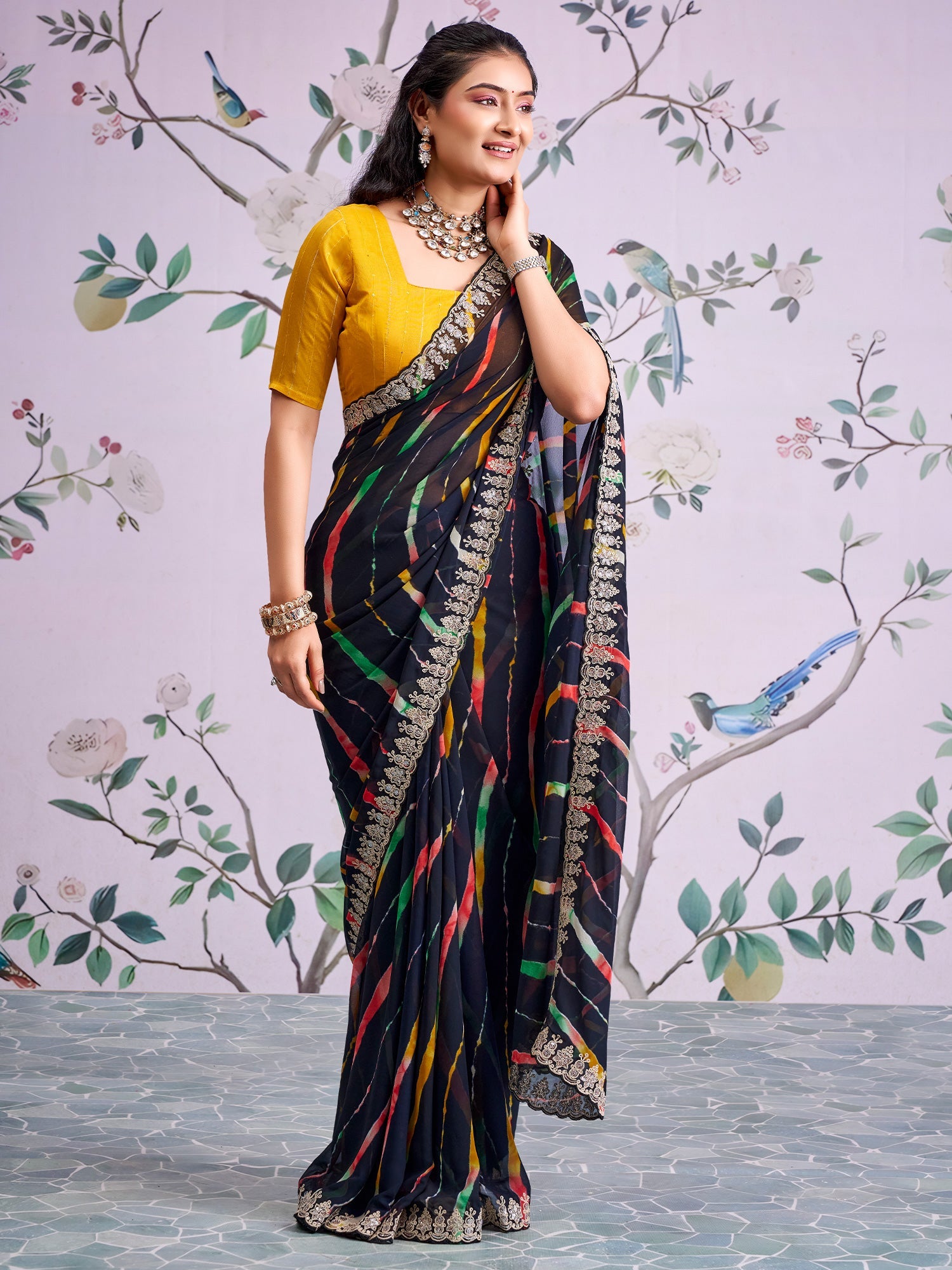 Black Leheriya Georgette Saree with Embroidered Border - Ressa
