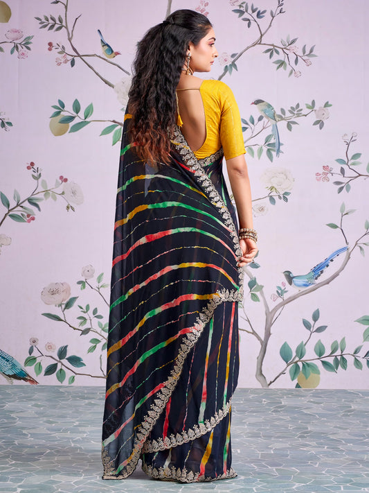 Black Leheriya Georgette Saree with Embroidered Border - Ressa