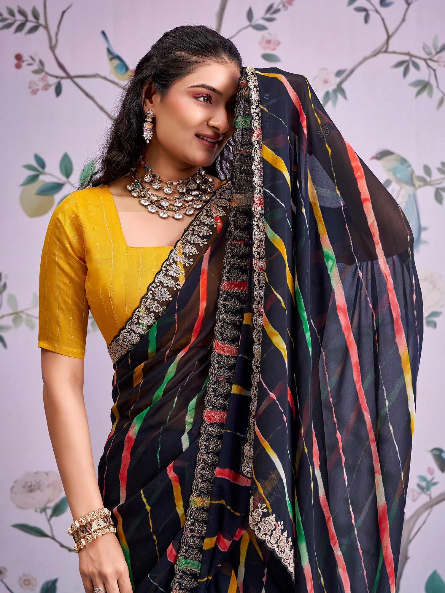 Black Leheriya Georgette Saree with Embroidered Border - Ressa