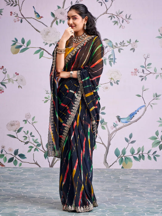 Black Leheriya Georgette Saree with Embroidered Border - Ressa