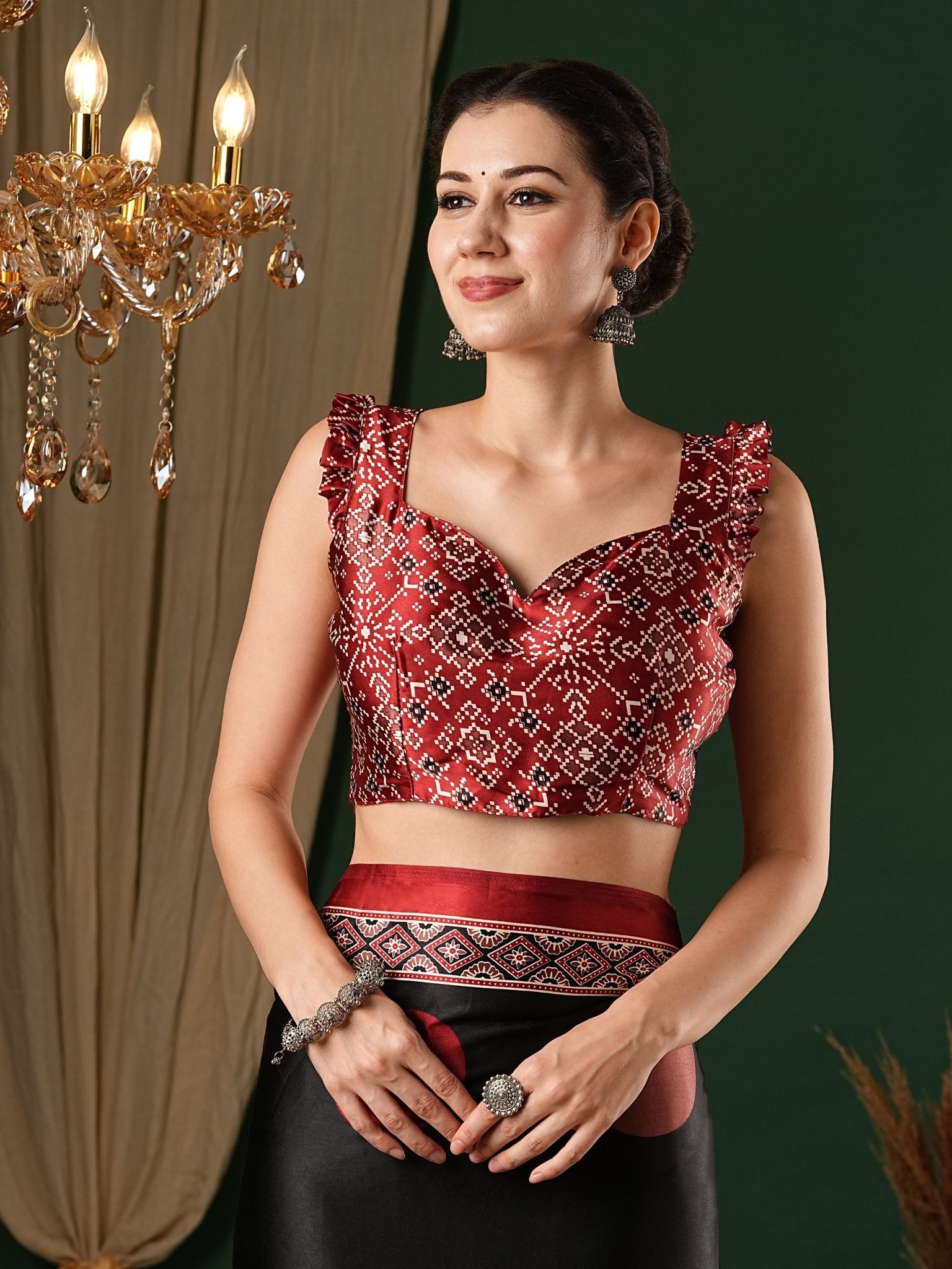 Black & Maroon Ajrakh Block Printed Saree - Ressa