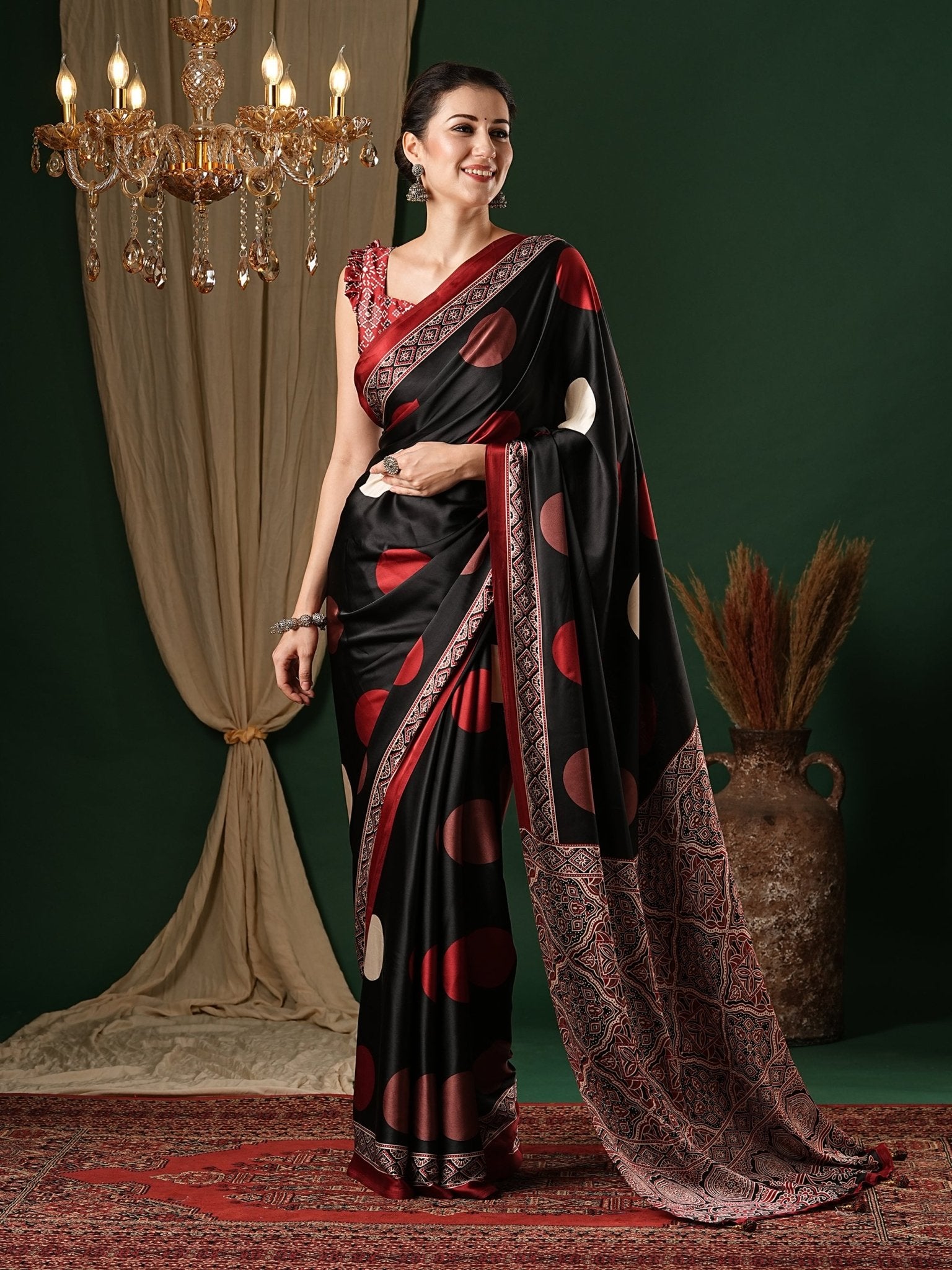 Black & Maroon Ajrakh Block Printed Saree - Ressa