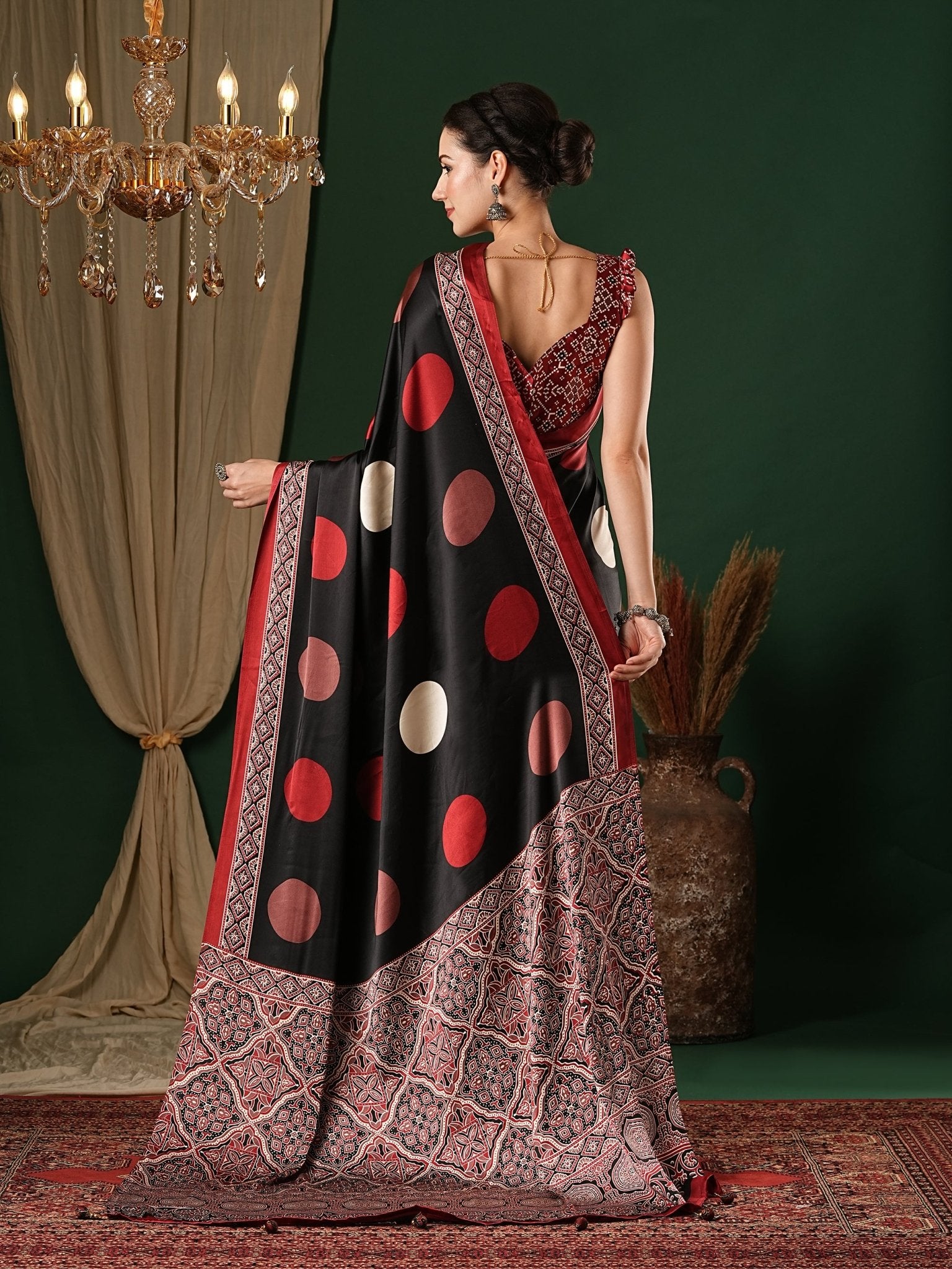 Black & Maroon Ajrakh Block Printed Saree - Ressa
