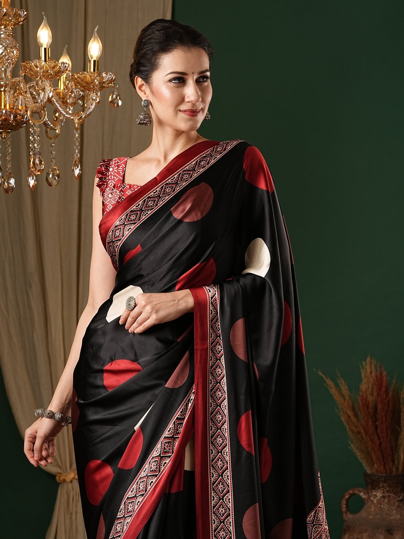 Black & Maroon Ajrakh Block Printed Saree - Ressa