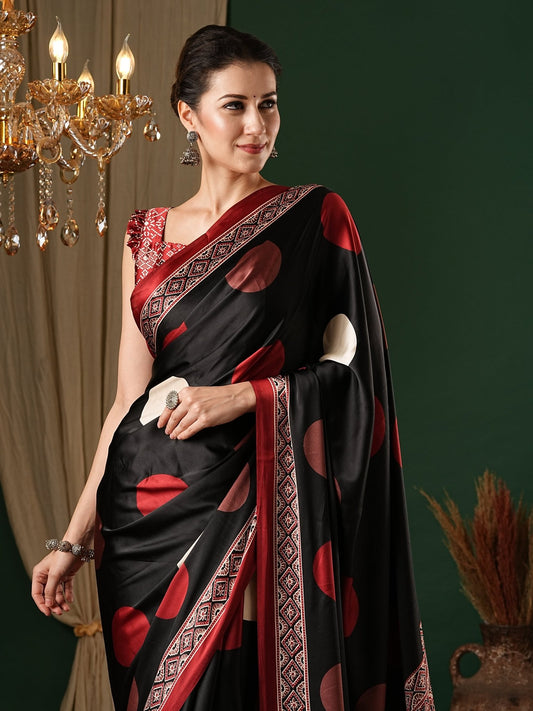 Black & Maroon Ajrakh Block Printed Saree - Ressa