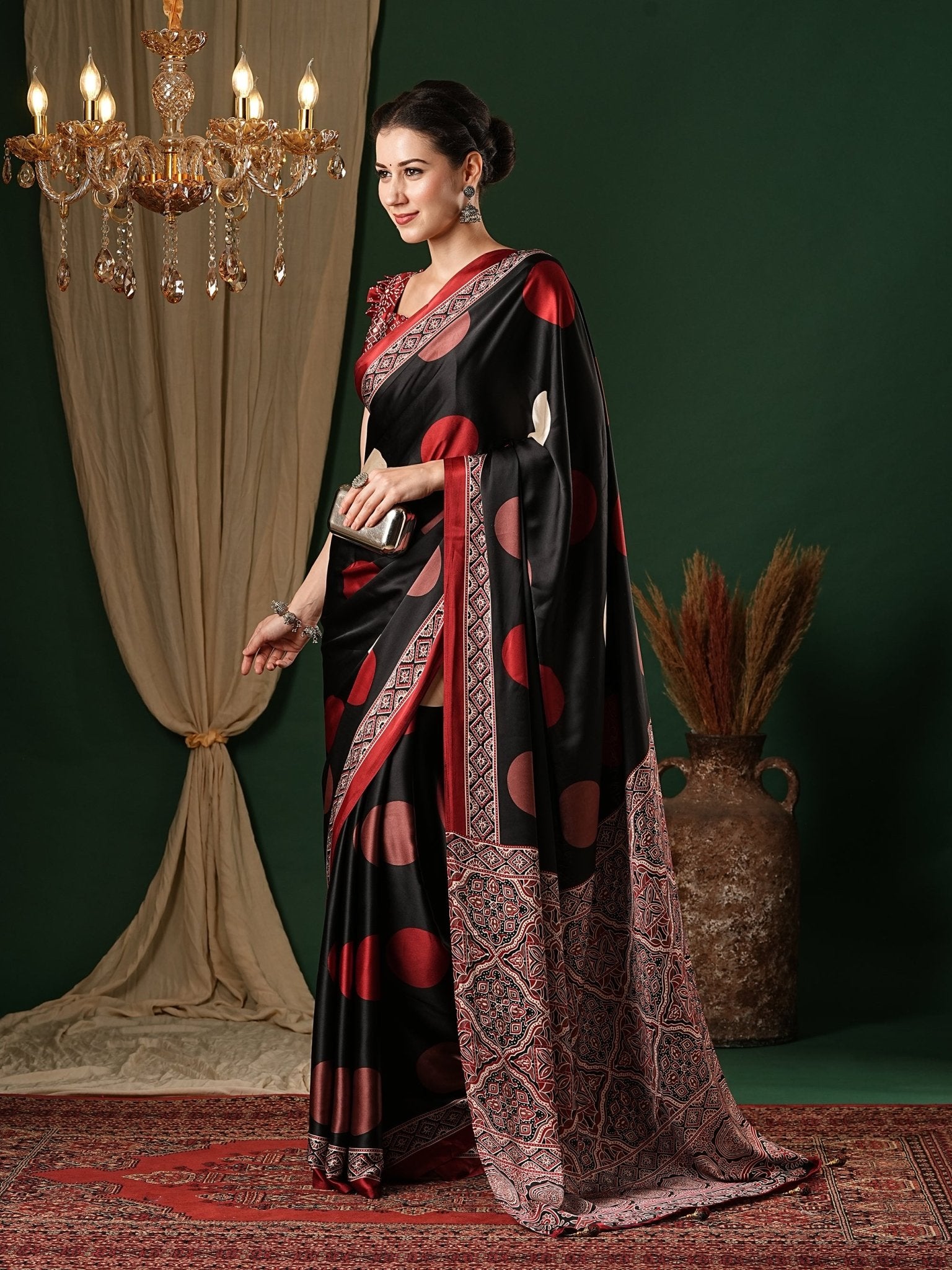 Black & Maroon Ajrakh Block Printed Saree - Ressa