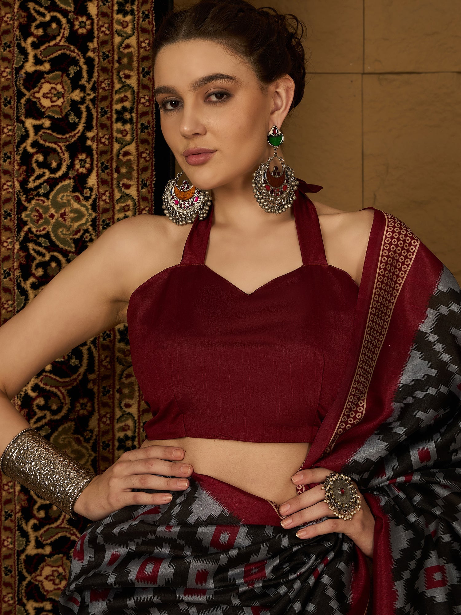 Black & Maroon Ikkat Print Saree - Ressa